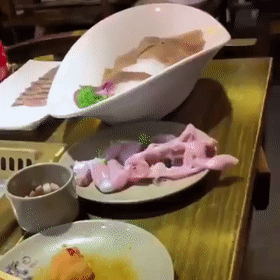 生鸡肉从盘中“逃走”吓坏用餐者，专家解释：神经末梢尚未死亡-1.gif
