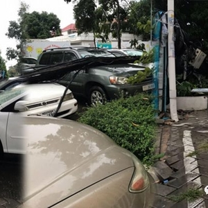 暴风雨后，电线杆倒塌压倒数十辆车